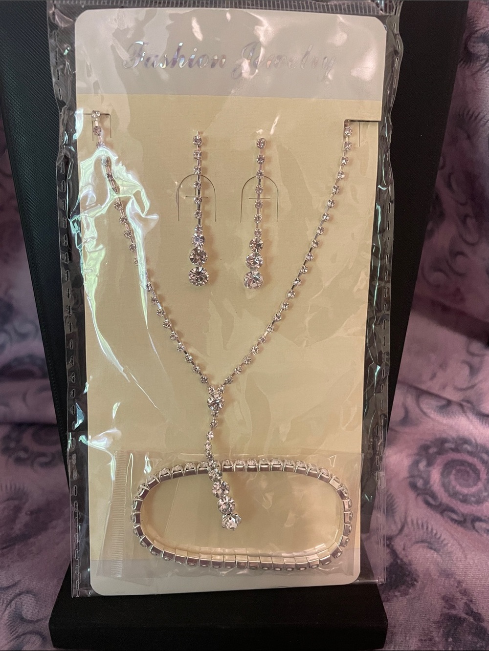 Fashion Jewelry Silver Crystal Y-Necklace, Drop Earrings & Bracelet Set